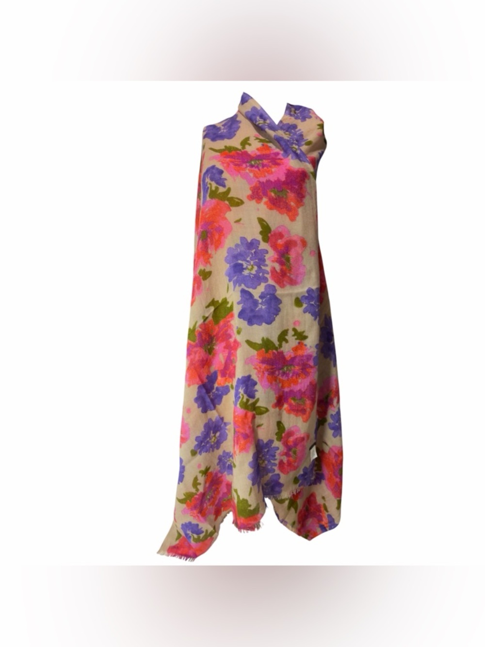 J. Crew Beige Wool Scarf with Pink and Purple Floral Print